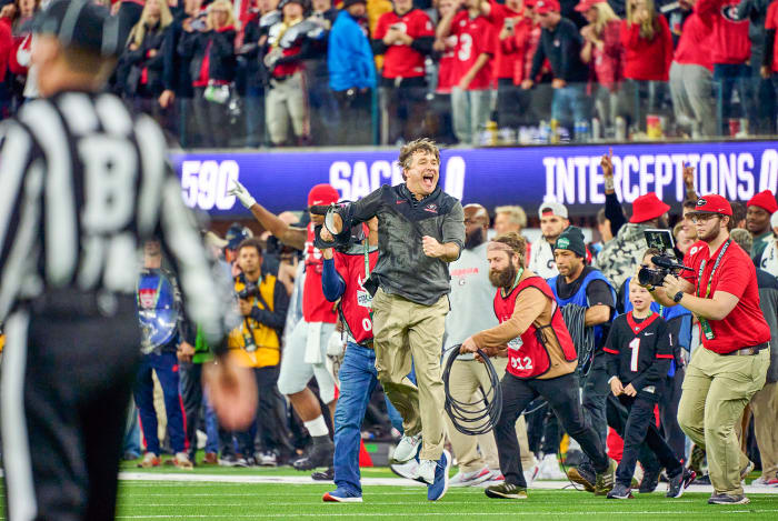 Georgia’s Kirby Smart celebrates winning the national title vs. TCU.